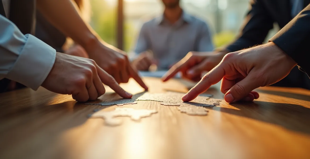 Mains de professionnels pointant différentes zones sur une carte de l'Oise éclairée par une lumière dorée