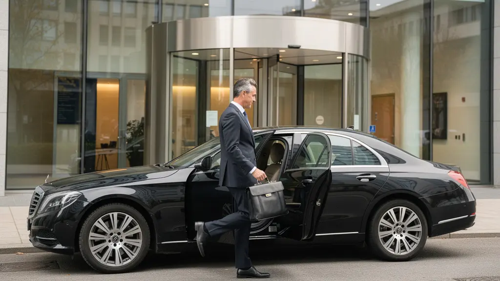 Cadre d'affaires sortant d'une berline de luxe noire devant un bâtiment corporate pour séminaire prestige