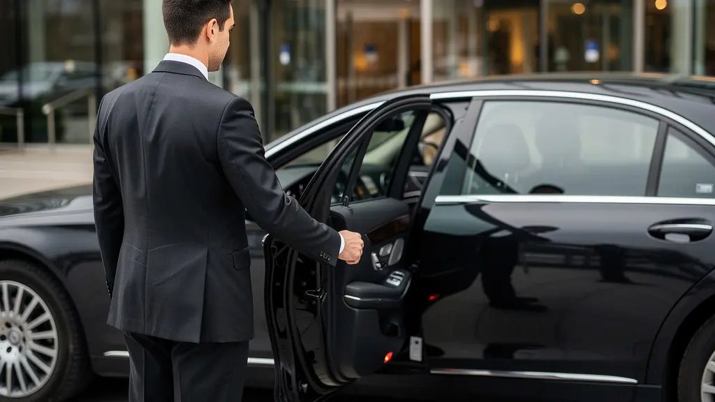 Chauffeur professionnel en costume sombre ouvrant la portière arrière d'une berline premium pour un client d'affaires