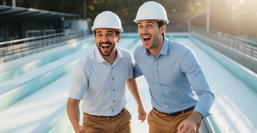 Collaborateurs équipés de casques attendant leur tour pour la piste de luge