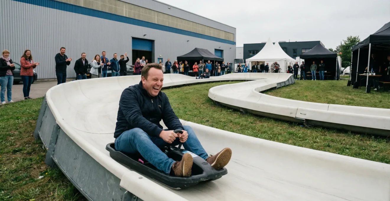 Piste de luge synthétique installée lors d'un événement d'entreprise en extérieur