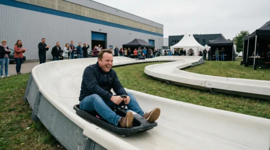 Piste de luge synthétique installée lors d'un événement d'entreprise en extérieur