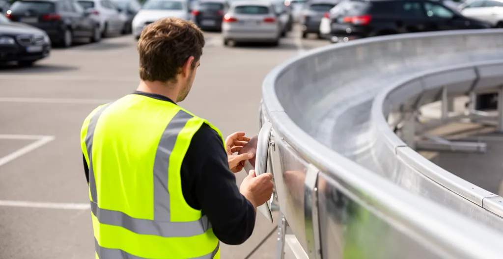 Technicien inspectant la structure métallique d'une piste de luge lors du montage