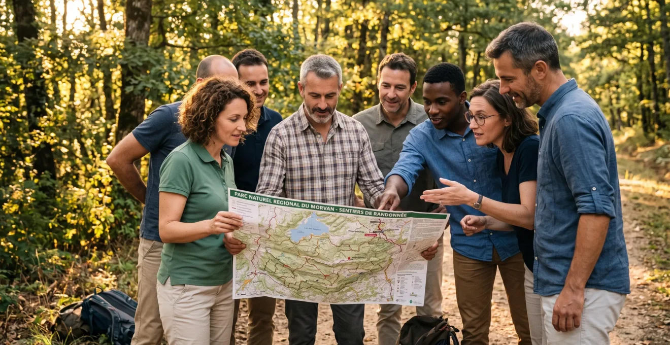 Équipe de professionnels en activité d'orientation collaborative en forêt, réunis autour d'une carte, échangeant et pointant des directions dans une ambiance concentrée et conviviale