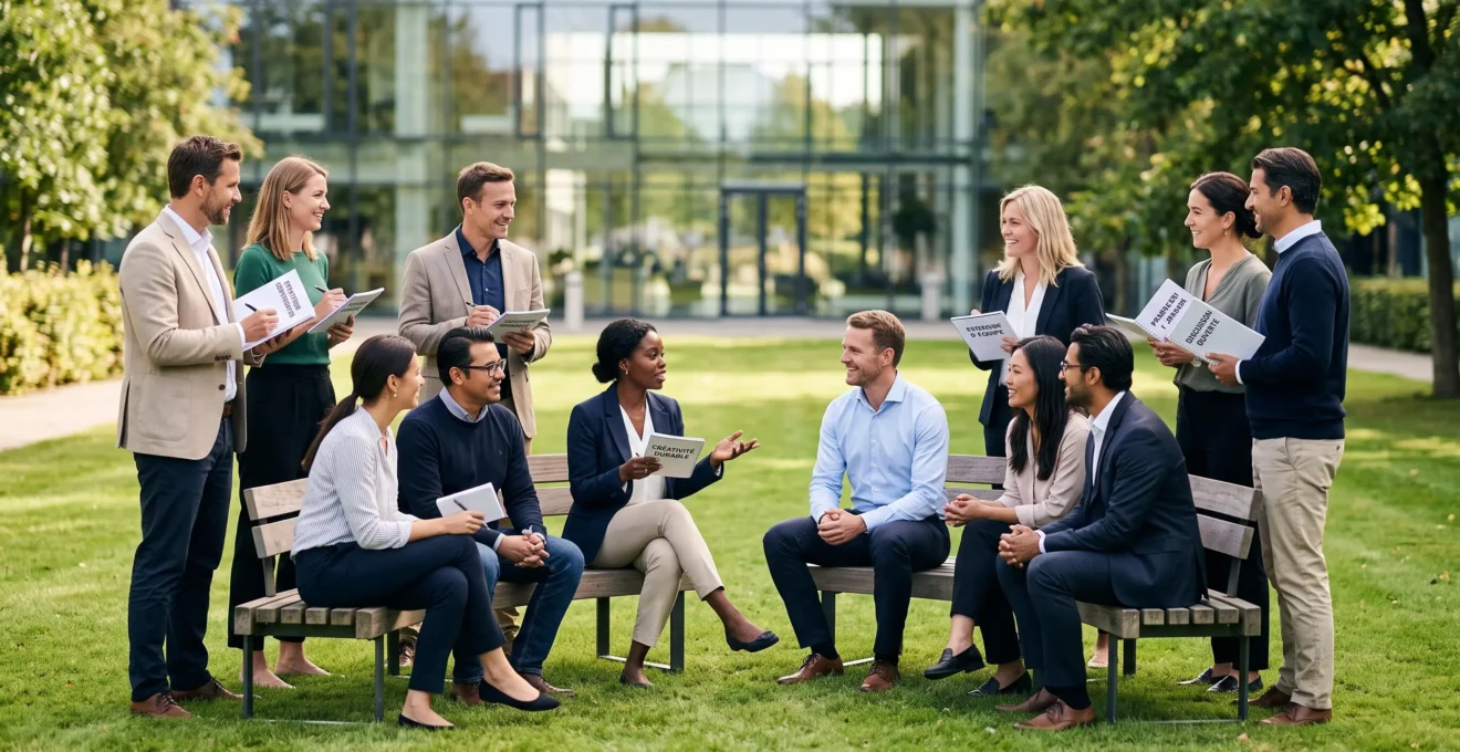 Groupe de professionnels en séminaire réunis en cercle dans un parc d'entreprise, alternant échanges informels et prises de notes, avec bâtiment de séminaire moderne en arrière-plan