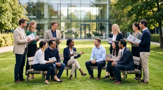 Groupe de professionnels en séminaire réunis en cercle dans un parc d'entreprise, alternant échanges informels et prises de notes, avec bâtiment de séminaire moderne en arrière-plan