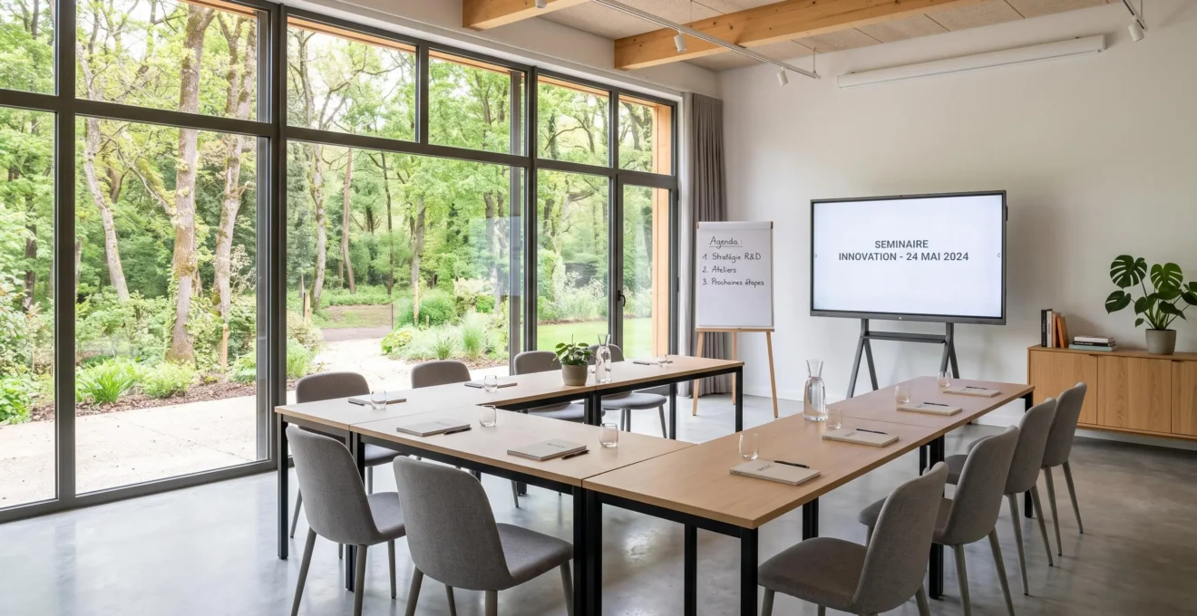 Salle de séminaire modulable avec grandes baies vitrées donnant sur un parc arboré, tables en îlots et équipements professionnels, dans un cadre lumineux et apaisant
