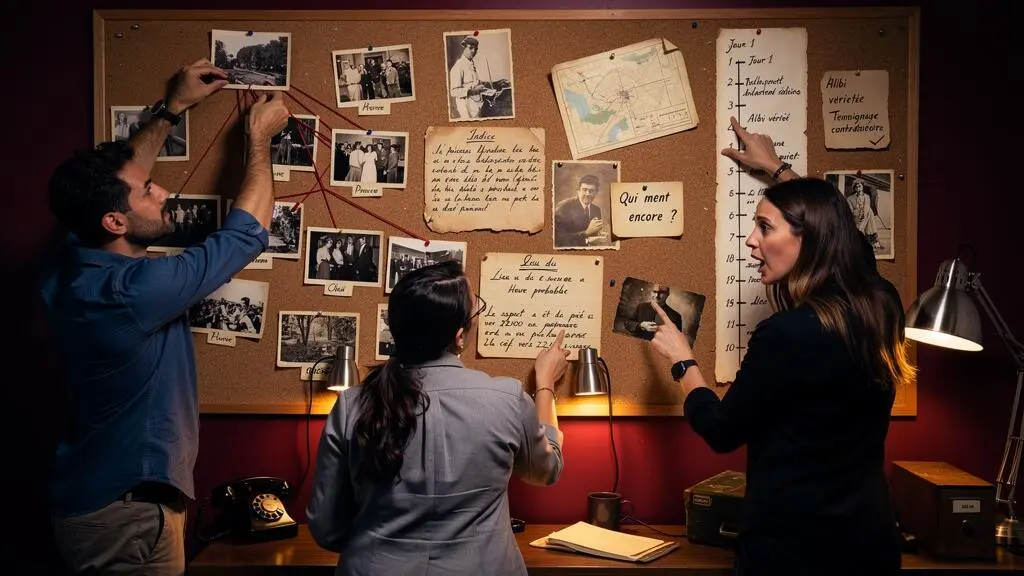 Trois professionnels analysant intensément des indices et messages cryptiques sur un mur d'enquête dans un escape game thématique à Paris